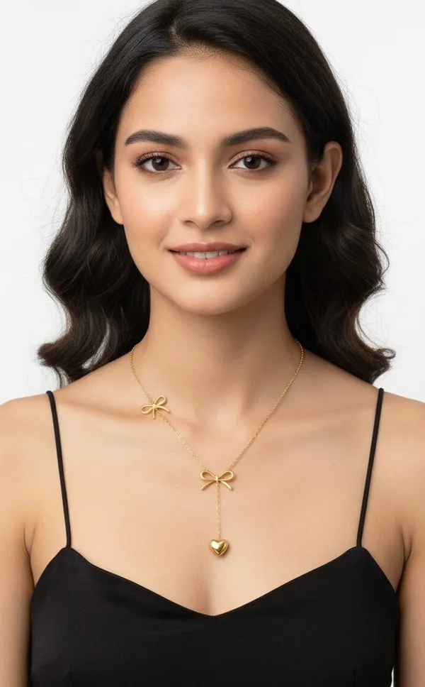 Gold_Golden_Bow_Drop_Heart_Necklace_For_Women